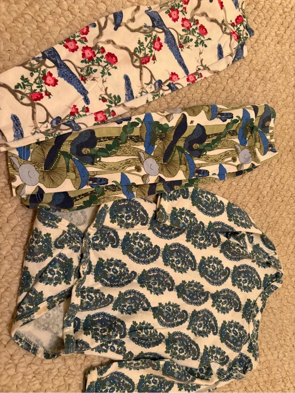 Kate Quinn Lot Floral & Peacock Printed Cotton Fabric Trio - Cream, Blue, Green